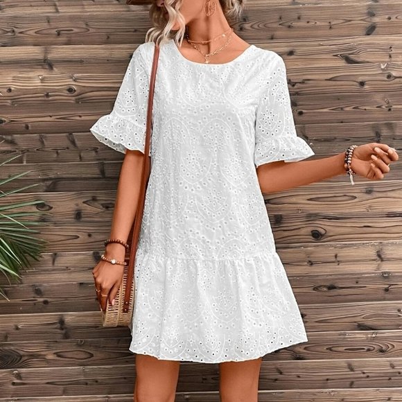 . Dresses & Skirts - White Boho Womens Eyelet Embroidery Flounce Sleeve Ruffle Hem Smock Dress